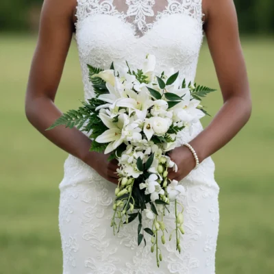 Beach Wedding Bouquets arrangement featuring white lilies, dendrobium orchids, ivory hydrangea, unopened buds, dark leaves, and fresh fern fronds