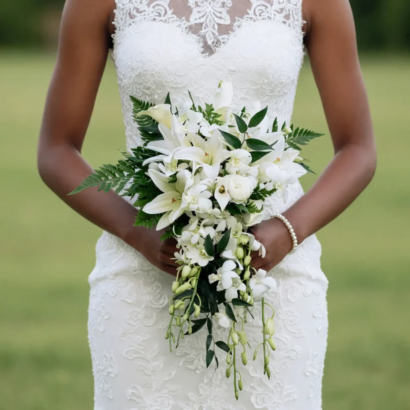 Beach Wedding Bouquets White Lily Fern Cascade