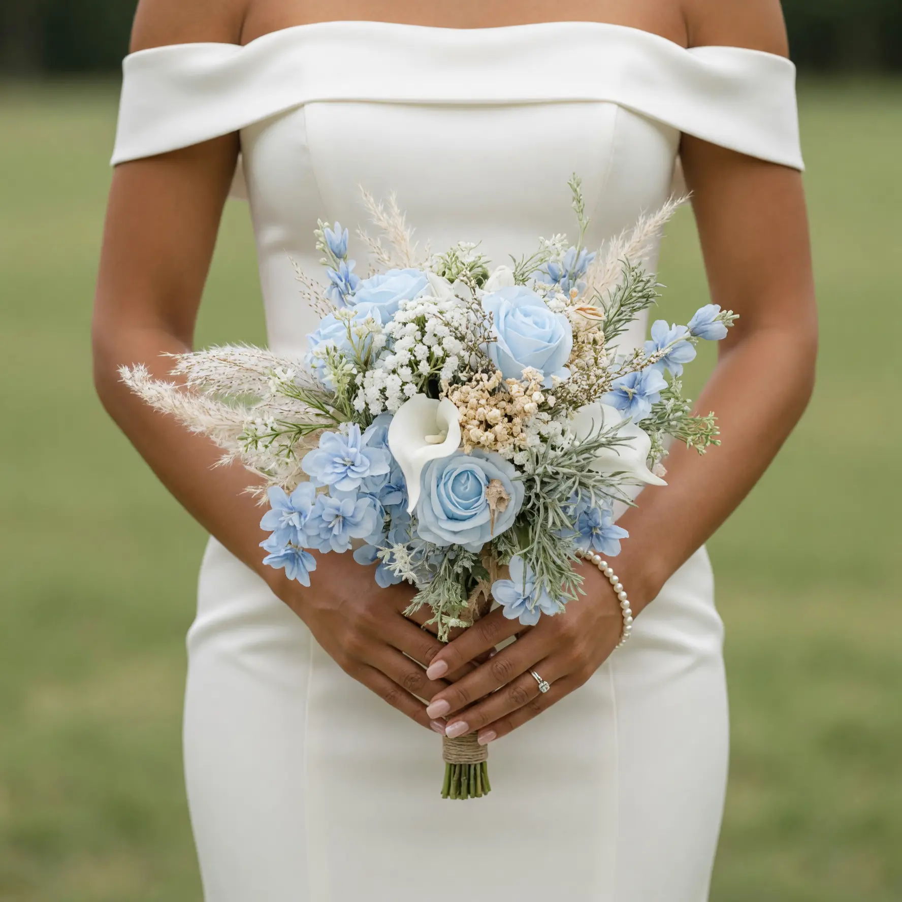 Beach Wedding Bouquets arrangement featuring icy blue roses, powder-blue blossoms, white calla lilies, delicate filler flowers, feathery grasses, and silver foliage