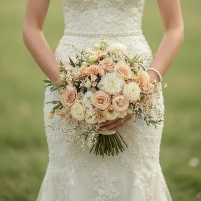 Beach Wedding Bouquets arrangement featuring champagne and ivory roses, white dahlias, soft garden blooms, delicate filler flowers, and slender greenery
