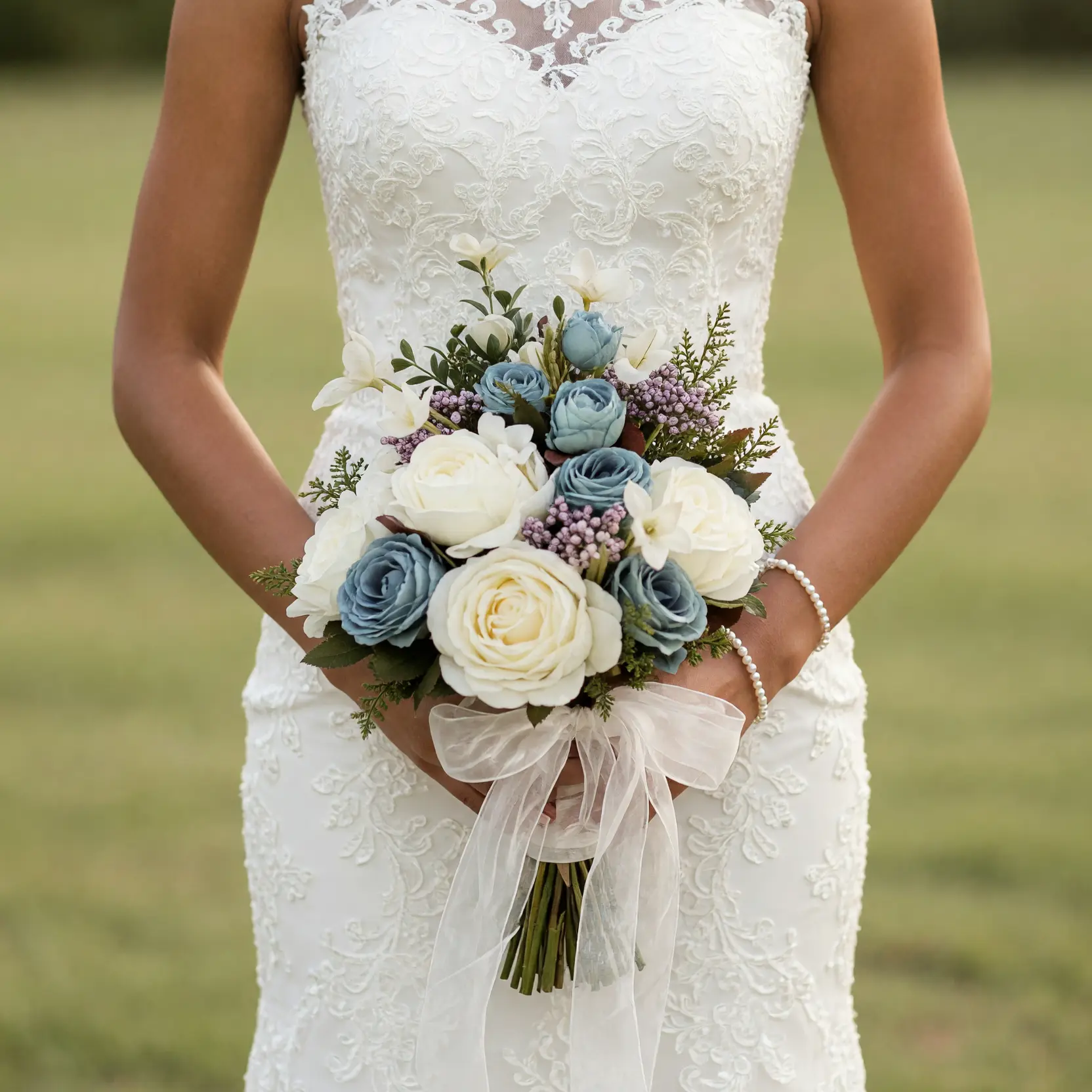 Beach Wedding Bouquets arrangement featuring steel-blue roses, ivory roses, white hydrangea, lavender berry clusters, delicate blossoms, and a sheer ribbon