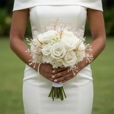 Beach Wedding Bouquets arrangement featuring ivory roses, white hydrangea, ruffled white blooms, pearl-like berry accents, and champagne branching stems