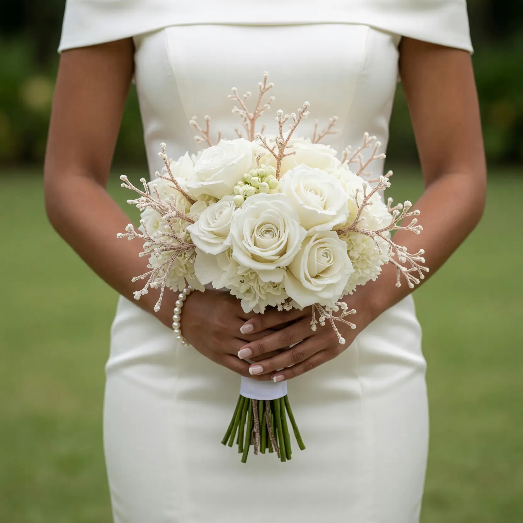 Beach Wedding Bouquets arrangement featuring ivory roses, white hydrangea, ruffled white blooms, pearl-like berry accents, and champagne branching stems
