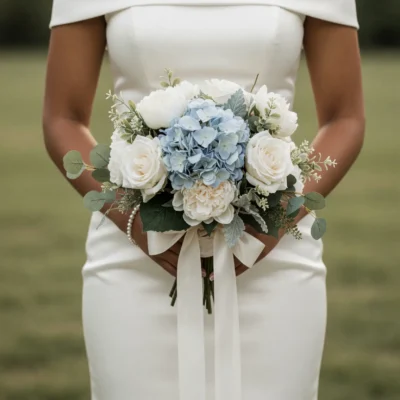 Beach Wedding Bouquets featuring pale blue hydrangea, ivory roses, white ruffled blooms, eucalyptus, silvery foliage, and an ivory bow