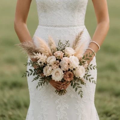 Beach Wedding Bouquets featuring ivory roses, blush flowers, a mocha rose, dried pampas grass, pale botanical accents, and loose greenery