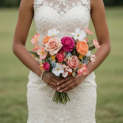 Beach Wedding Bouquets featuring fuchsia roses, peach and blush blooms, white cosmos-like flowers, tiny daisies, golden accents, and greenery