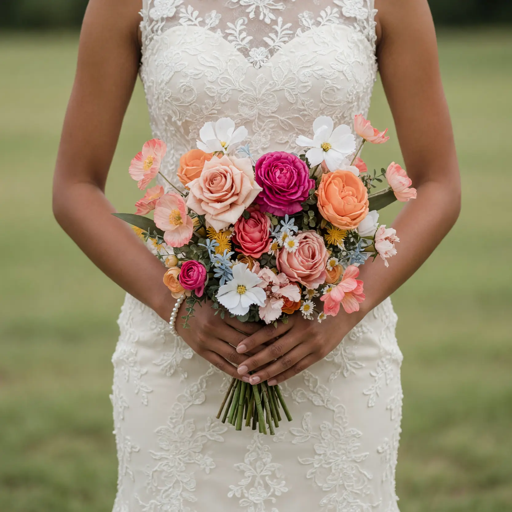 Beach Wedding Bouquets featuring fuchsia roses, peach and blush blooms, white cosmos-like flowers, tiny daisies, golden accents, and greenery