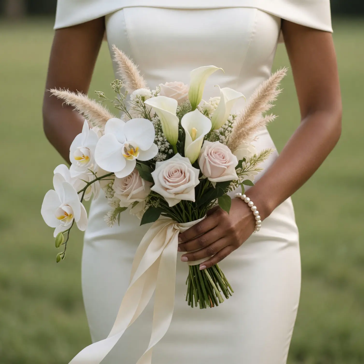 Beach Wedding Bouquets featuring white orchids, ivory calla lilies, pale blush roses, airy white fillers, pampas grass, and cream ribbon