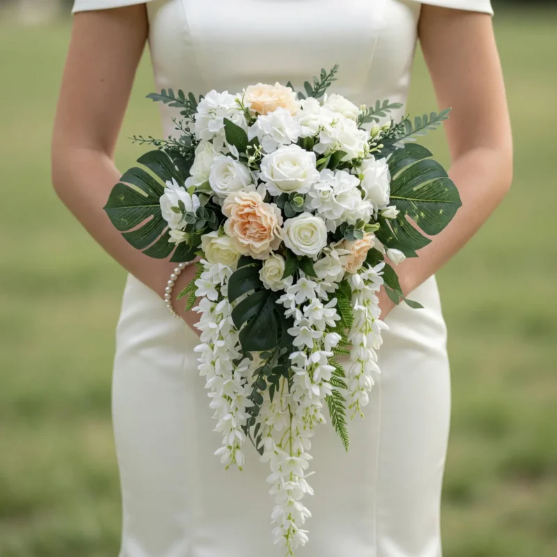 Beach Wedding Bouquets White Wisteria Monstera Cascade