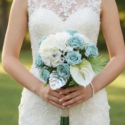 Beach Wedding Bouquets featuring aqua-blue roses, white hydrangea, an ivory anthurium, silver monstera foliage, and tropical palm leaves