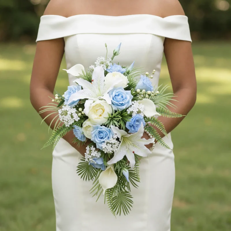 Beach Wedding Bouquets Blue Rose Lily Palm Cascade