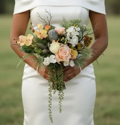 Beach Wedding Bouquets featuring peach roses, ivory blooms, pale orchids, a silver protea-like flower, seedpods, branches, palms, and trailing greenery