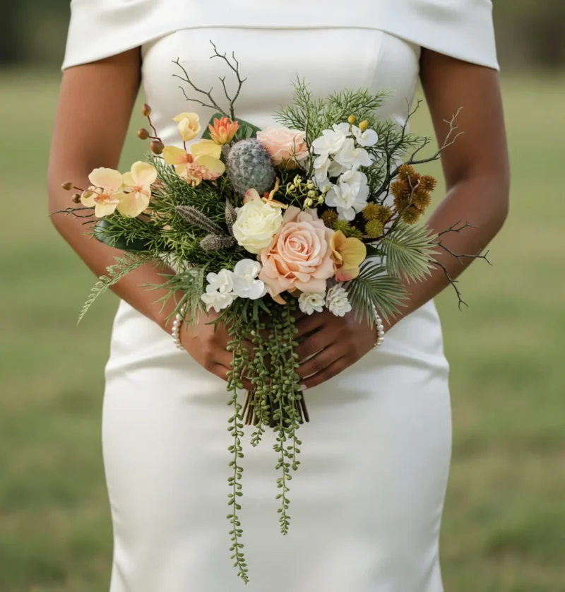 Beach Wedding Bouquets Peach Protea Woodland Cascade