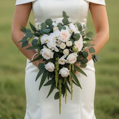 Beach Wedding Bouquets featuring ivory and blush roses, white orchids, eucalyptus, long tropical leaves, and cascading green amaranthus