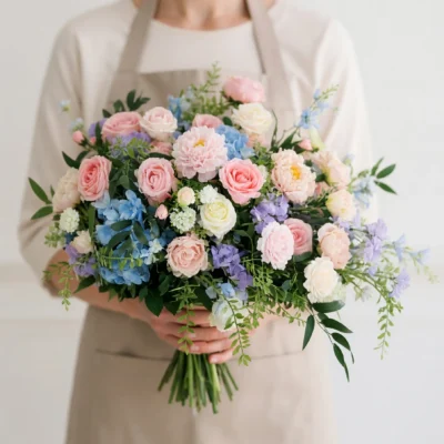 Beach Wedding Bouquets featuring blush roses, blue hydrangea, white blooms, lavender flowers, small blue accents, and flowing garden greenery