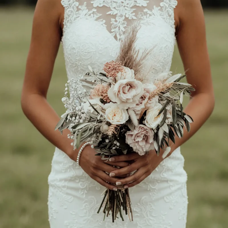 Beach Wedding Bouquets Blush Rose Olive Pampas