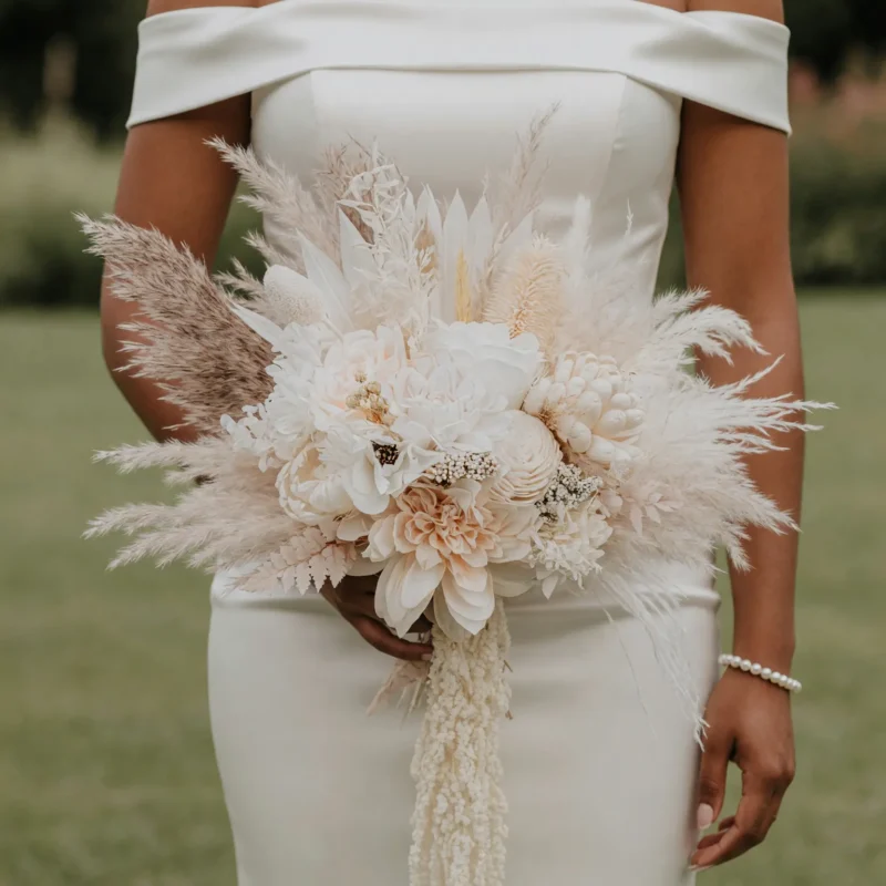 Beach Wedding Bouquets Ivory Pampas Dahlia Cascade