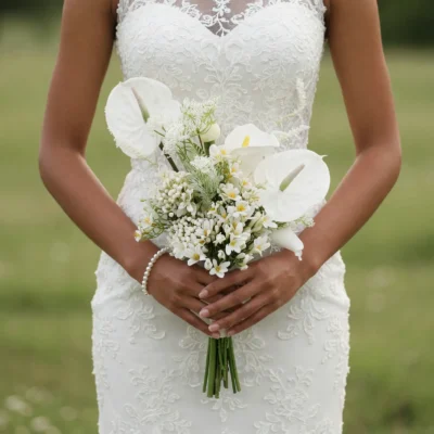 White beach wedding bouquet with white anthuriums, calla lilies, daisy-like flowers, rounded buds, and delicate green foliage.
