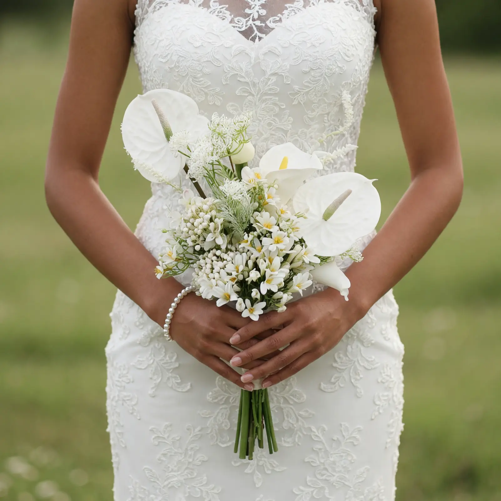 White beach wedding bouquet with white anthuriums, calla lilies, daisy-like flowers, rounded buds, and delicate green foliage.