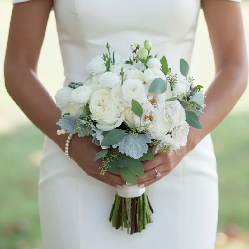 Beach Wedding Bouquets White Ranunculus Silver Leaf