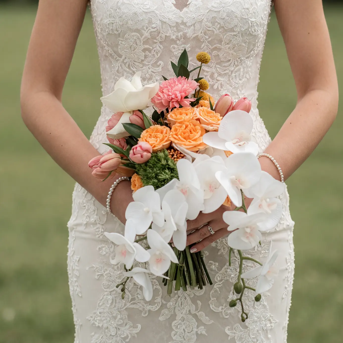 Beach Wedding Bouquets Peach Rose Orchid Cascade