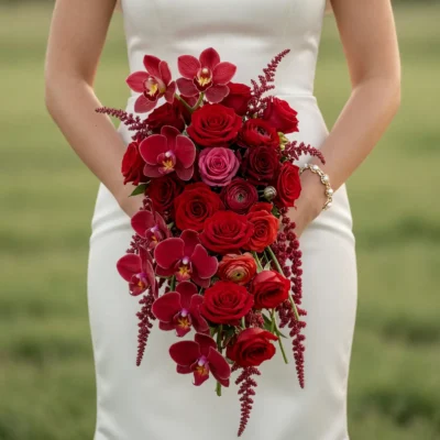 Red wedding bouquet with red roses, burgundy cymbidium orchids and cascading red amaranthus for elegant bridal wedding ceremony