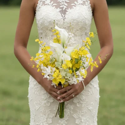 Bride holding a yellow and white wedding bouquet featuring calla lilies, yellow orchid-like flowers, white blooms, and green foliage.