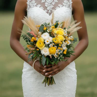 Yellow and white bridal bouquet featuring roses, ranunculus-like blooms, daisies, golden button flowers, pampas grass, and greenery.