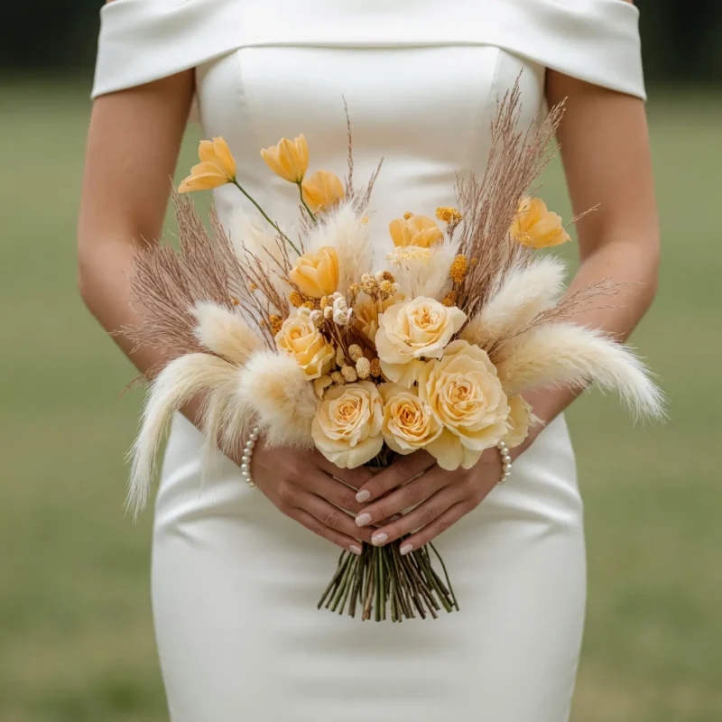 Yellow Wedding Bouquets Amber Rose Pampas Meadow