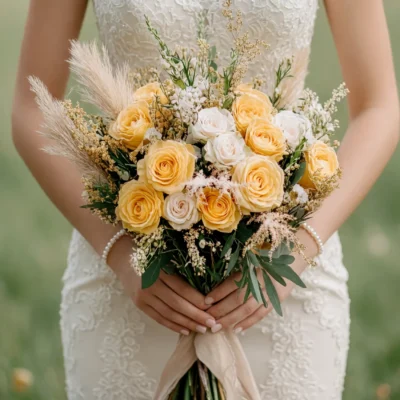 Yellow and ivory rose bridal bouquet with pampas grass, delicate dried filler, green foliage, and a champagne ribbon.