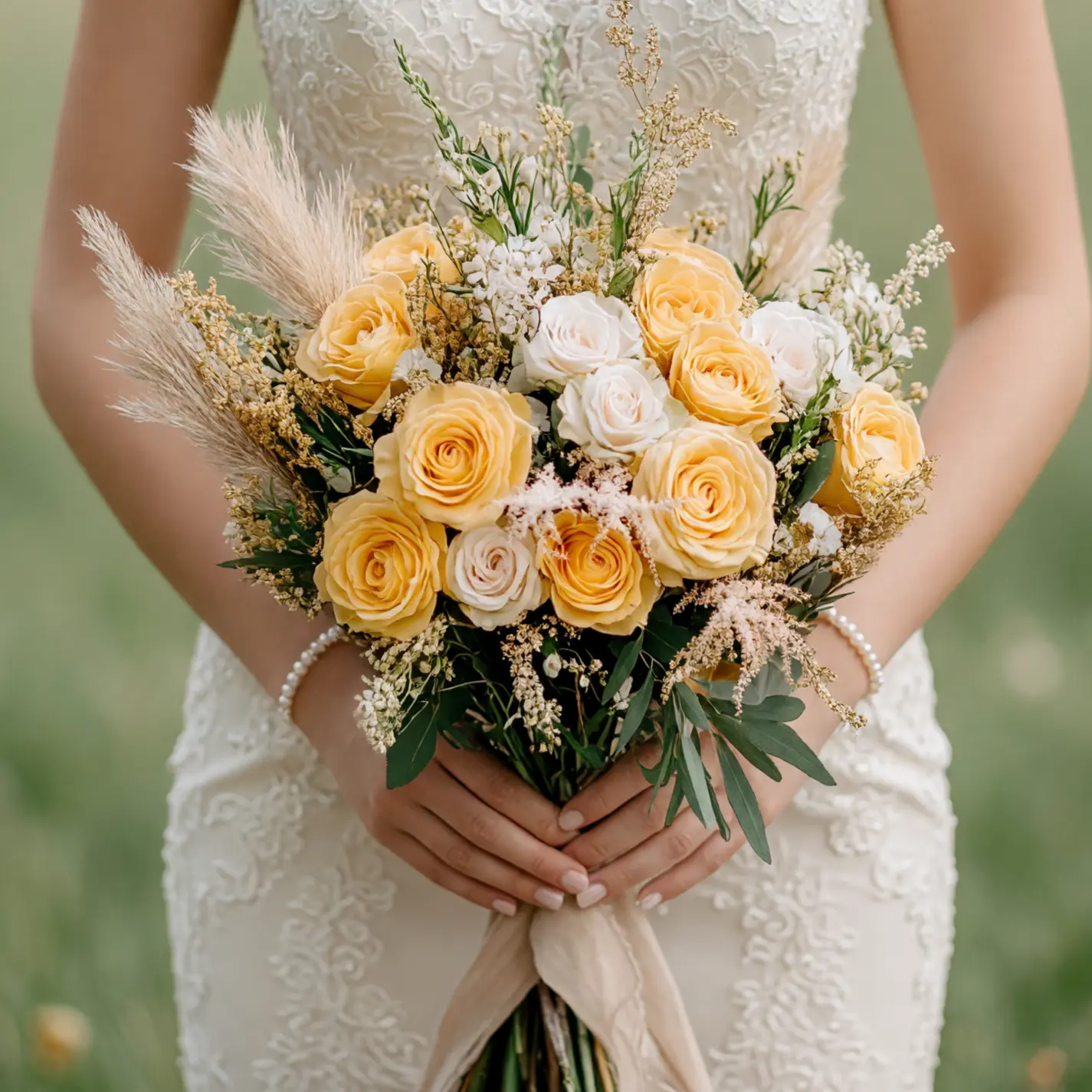Yellow and ivory rose bridal bouquet with pampas grass, delicate dried filler, green foliage, and a champagne ribbon.