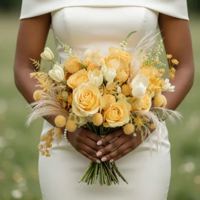 Bride holding a yellow and cream wedding bouquet with rose-like blooms, round golden flowers, white buds, and feathery pampas-style grasses.