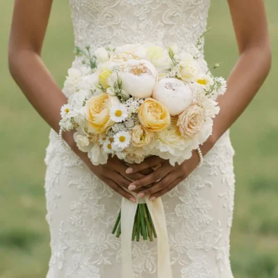 Bride holding a yellow wedding bouquet of buttercream peony-like blooms, pale yellow roses, ivory flowers, small daisies, and ivory ribbon.