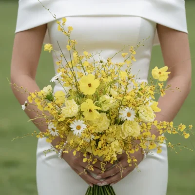 Yellow wedding bouquet featuring buttercup-yellow flowers, pale lemon blooms, white daisy-like flowers and airy wildflower stems held by a bride.