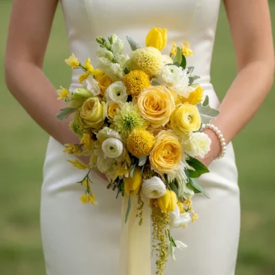 Bride holding a yellow wedding bouquet of golden ranunculus-style blooms, tulips, ivory flowers, yellow button blooms, greenery, and ribbons.