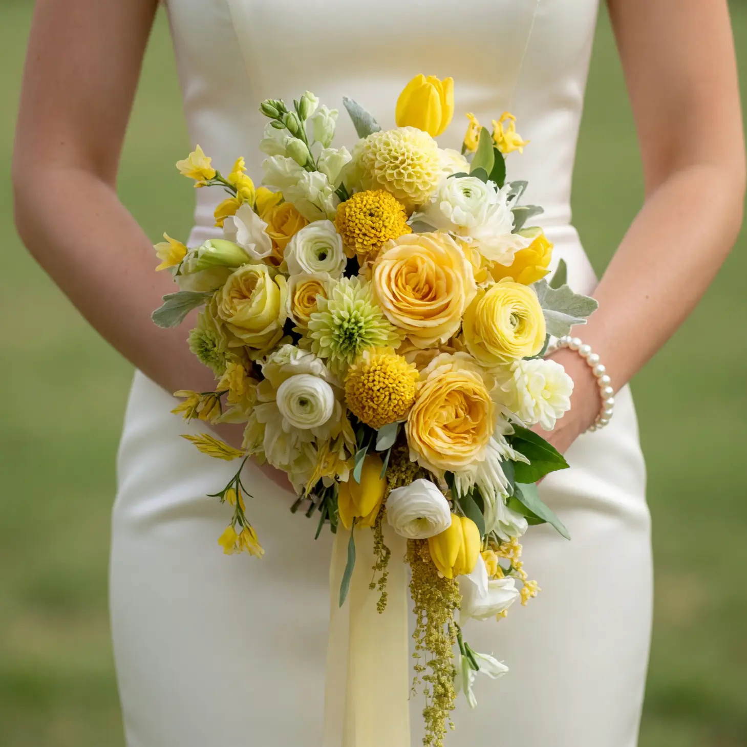 Yellow Wedding Bouquets Golden Ranunculus Tulip Cascade