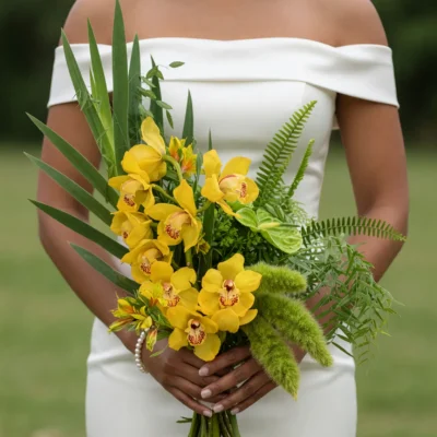 Bride holding a tropical yellow wedding bouquet of cymbidium orchids, upright green leaves, ferns, and cascading foxtail grass.