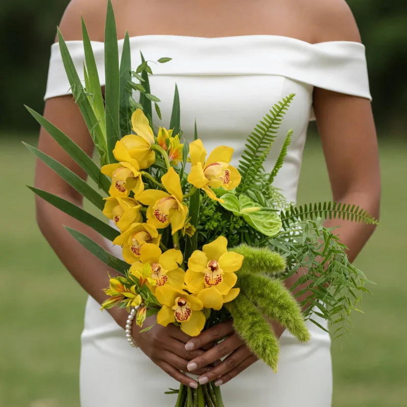 Yellow Wedding Bouquets Tropical Cymbidium Fern Cascade