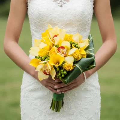 Yellow wedding bouquet of roses, calla lilies, pale orchids and green berries beside a glossy tropical leaf, held by a bride