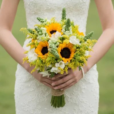 Bride holding a rounded yellow wedding bouquet of sunflowers, airy golden flowers, white blossoms, pale green buds, and a natural twine stem wrap