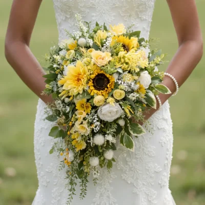 Yellow wedding bouquet featuring sunflowers, cream flowers, yellow accents, variegated foliage, and a cascading greenery trail
