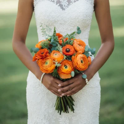 Orange Wedding Bouquets of layered ranunculus, orange anemones, peach blooms and eucalyptus greenery held by a bride