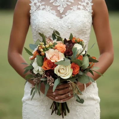 Orange Wedding Bouquets of amber, peach and ivory roses, deep burgundy accents, buds and eucalyptus greenery held by a bride