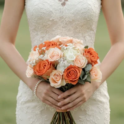 Orange Wedding Bouquets of orange and apricot roses, creamy white blooms, baby’s breath and green foliage held by a bride