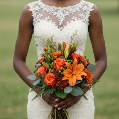 Orange Wedding Bouquets of open orange lilies, roses, green and orange berries, seasonal blooms and eucalyptus held by a bride