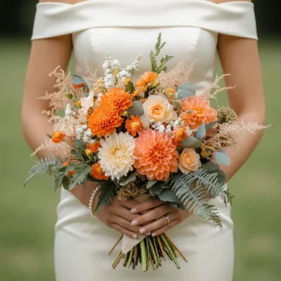 Orange Wedding Bouquets of orange, peach and cream dahlias, roses, airy meadow flowers, fern and eucalyptus held by a bride