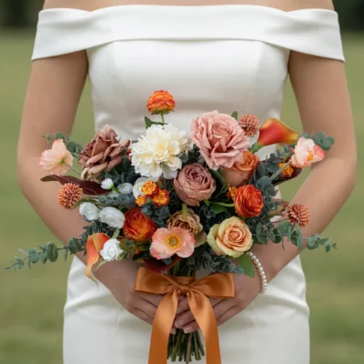 Orange Wedding Bouquets of copper roses, blush and cream flowers, orange calla lilies, eucalyptus and satin ribbon held by a bride