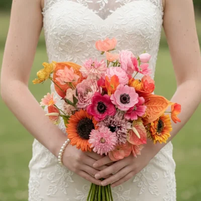 Orange Wedding Bouquets of orange gerberas, pink anemones, coral blooms and layered garden flowers held by a bride