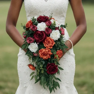 Orange Wedding Bouquets of orange, burgundy and white roses with cascading green foliage held by a bride