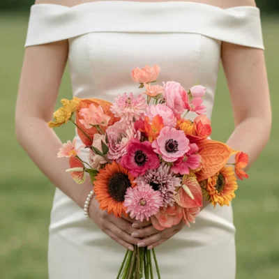 Orange Wedding Bouquets of coral gerberas, pink anemones, peach blooms, warm yellow accents and layered garden flowers held by a bride